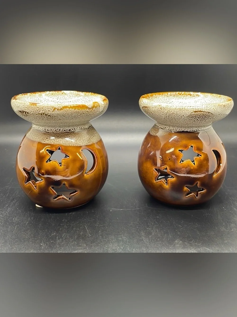 Celestial Ceramic Wax/Oil tea light Warmers – Star & Moon Cutouts (Set of 2)